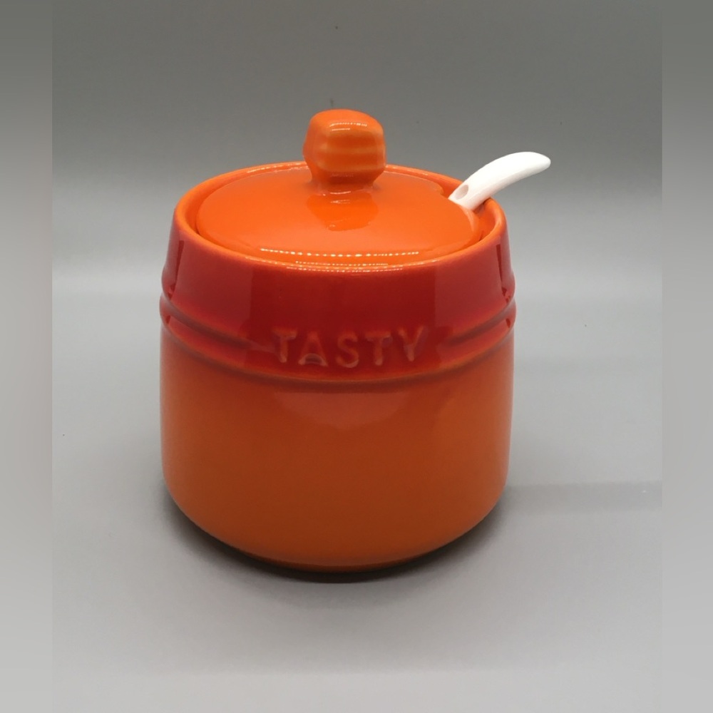 Ceramic Sugar Bowl orange and red with spoon